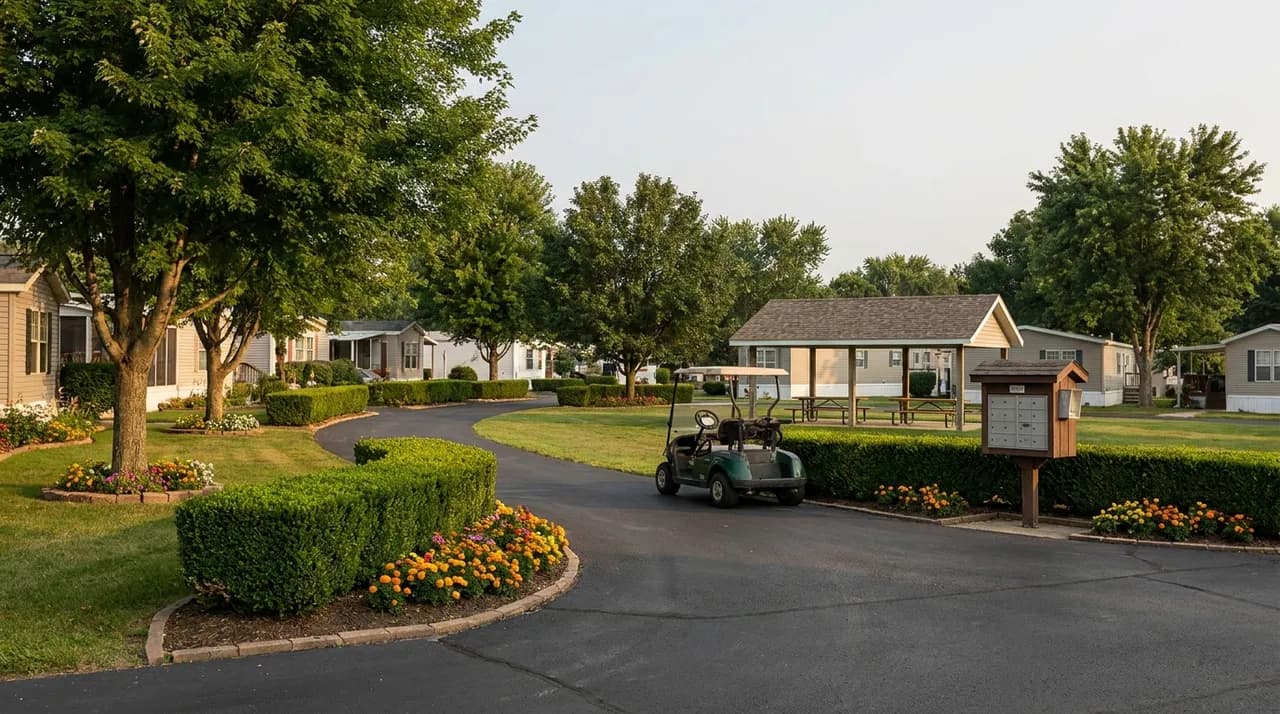 Well-kept manufactured homes with mature landscaping in an age-restricted community
