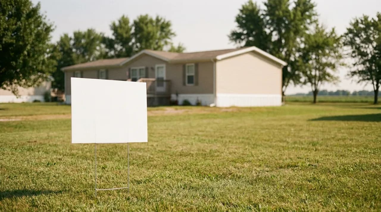 For sale sign in the yard of a manufactured home