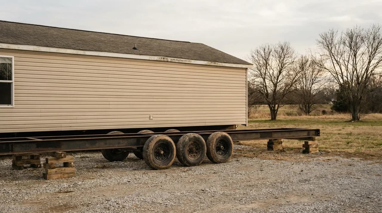A manufactured home section prepared for transport with skirting removed