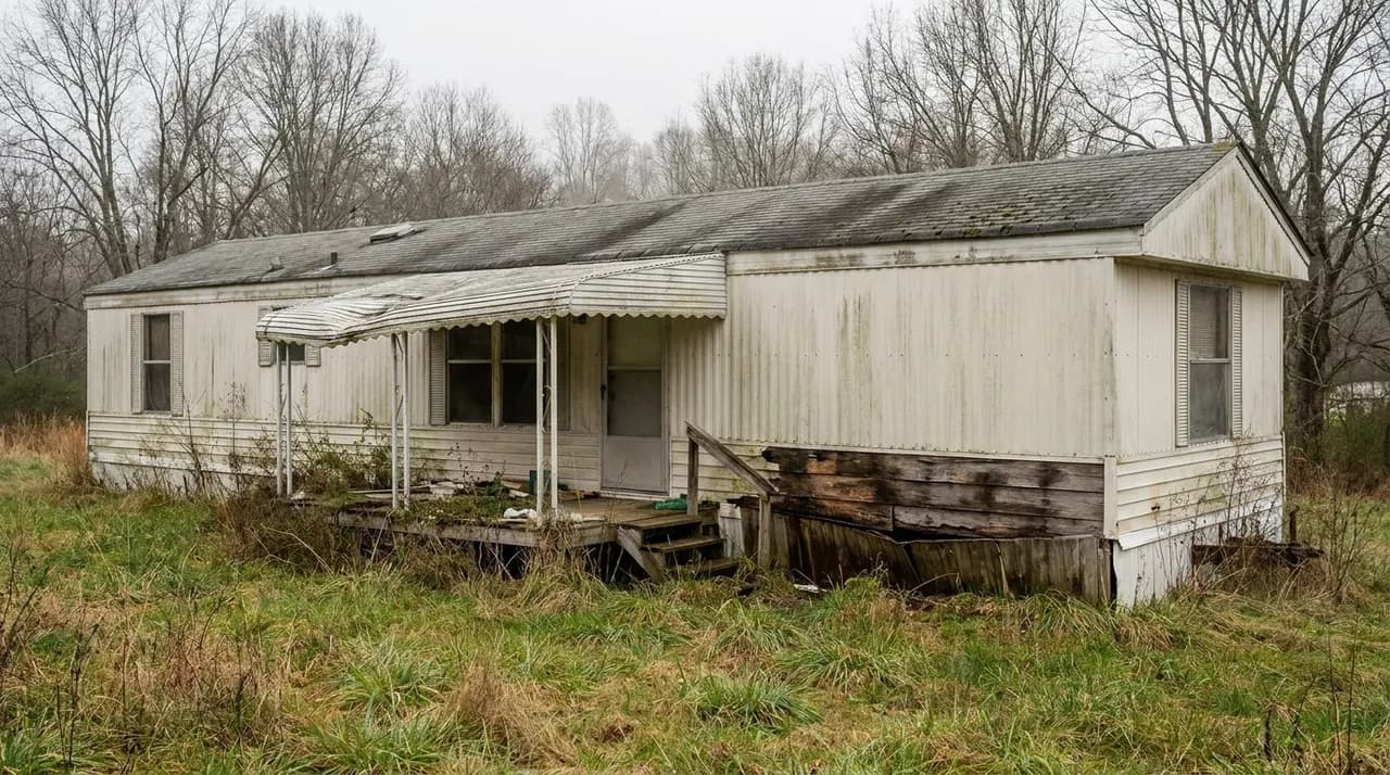 Manufactured home with worn skirting and an overgrown front yard