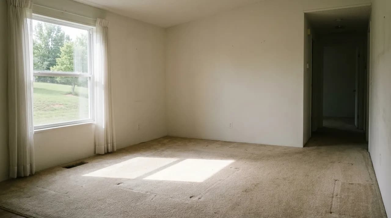 Empty living room of a manufactured home with afternoon light through the window