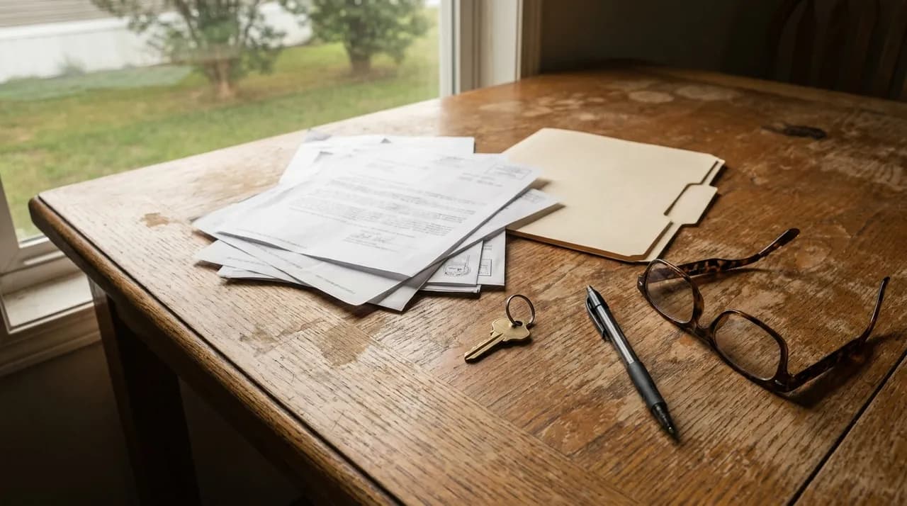 Paperwork and a set of keys on a kitchen table in a manufactured home