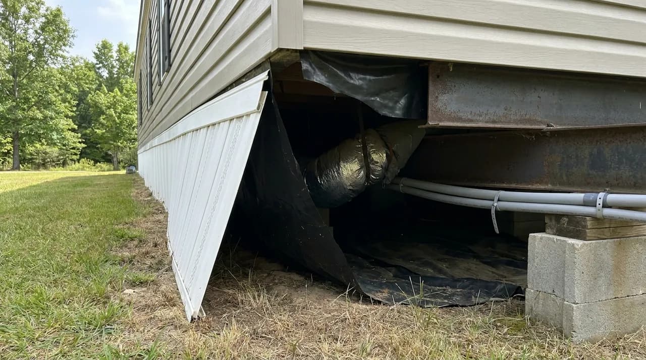Underside of a manufactured home showing skirting and belly wrap