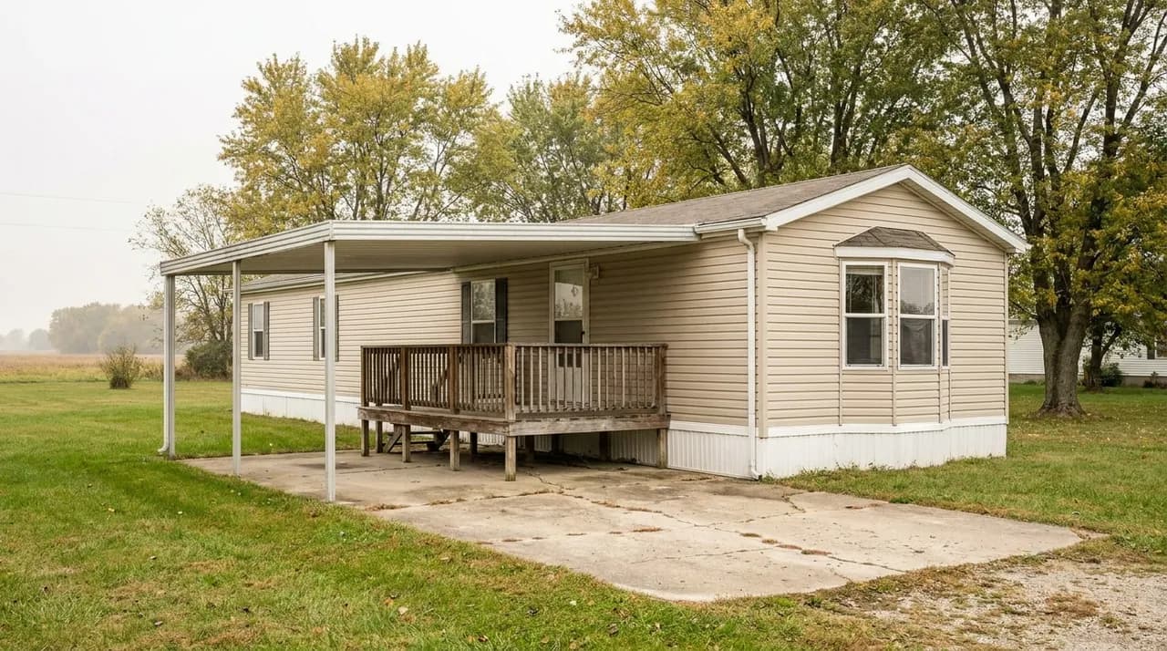 Exterior of an older doublewide manufactured home with attached carport